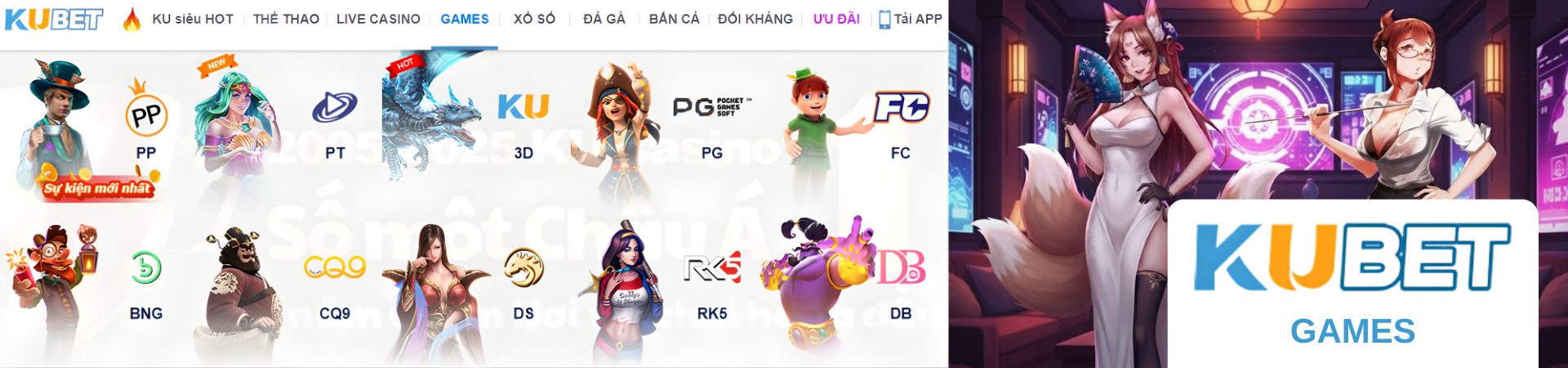 Banner KUBET Games với hình nhân vật hoạt hình và logo các nhà cung cấp trò chơi như PP PT PG FC BNG CQ9 DS RK5 và DB (1)